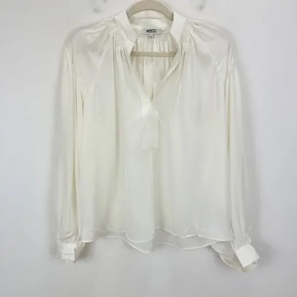 Madewell Shirred Long Sleeve Top Blouse Silk Lightweight Winter White Medium NWT - Picture 6 of 16